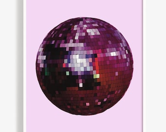 Impresión de arte de bola de discoteca rosa, arte pop disco, impresión de arte digital rosa, arte de pared, arte de pared imprimible, arte moderno, bola de discoteca vintage, cartel retro