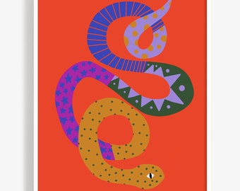 Colorful Red Snake Digital Art Print, Printable Wall Art for Nursery or Kid's Room
