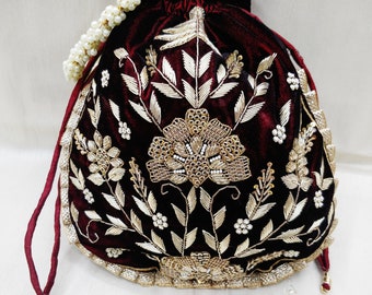 embellish golden zardosi embroidered indian wedding maroon velvet potli bag handbag for women | party handbag for bridesmaid