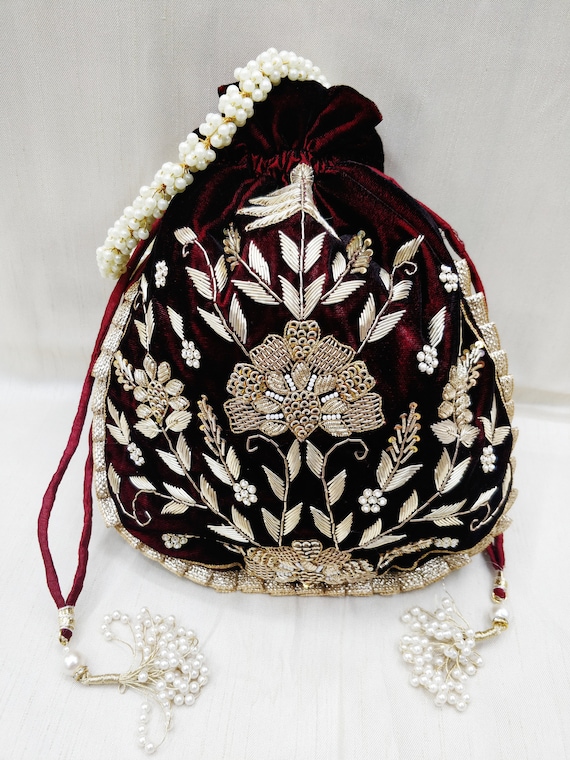 Embellish Golden Zardosi Embroidered Indian Wedding Maroon Velvet Potli Bag Handbag for Women Party Handbag for Bridesmaid Etsy