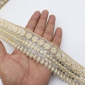 Pearl Flower Trim: Gold Indian Motif Edging Lace - 4.5cm