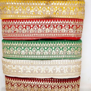 Golden Zari Sequinwork Sari Silk Lace Trim - Indian Embroidered Ribbon
