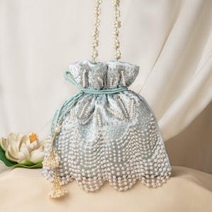 Fancy Pearl Bead Embroidery Satin Wedding Purse Bag for Woman | Bridal Sky-Blue Purse Handbag | Fashionable Drawstring Pouch Purse Potli Bag