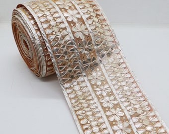 Silver Zari Gota Lace Border: Hand Embroidered Ribbon Trim, 4 Inch