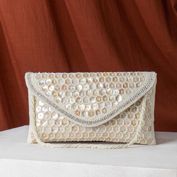 Ivory Embroidered Shell Wedding Clutch: Hand Beaded Bridal Wristlet