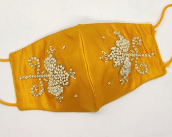mustard yellow satin silk french knot zardosi embroider embellishment face mask for woman | indian face mask for wedding | texture face mask