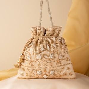 Beautiful Wedding Indian Katdana Pearl Beaded Bridal Potli Purse Bag | Hand Embroidered Satin Cream Fabric Drawstring Pouch Purse Mobile Bag