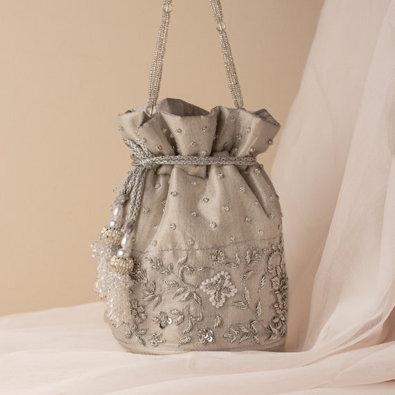 French Knot Zardozi Embroidered Elegant Silver Drawstring Round