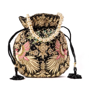 hawk embroider designer inspired handbag for woman | zardosi sequin embroidery drawstring evening potli purse | black handbag with pearl