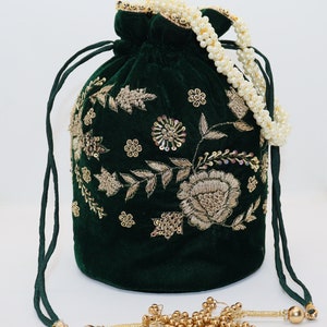beautiful emerald green floral pattern zardosi embroidered wedding favor woman potli purse | designer inspired luxury drawstring handbag