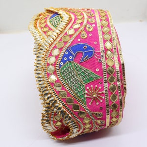 Peacock Embroidered Sari Border: Fuchsia Pink Gota Patti Zari Ribbon
