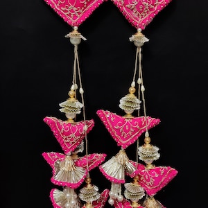 15&quot; fuchsia pink triangular cushion motif zardosi embroider couture tassel with bead | bridal wedding lehenga sewing hanging tassel latkan