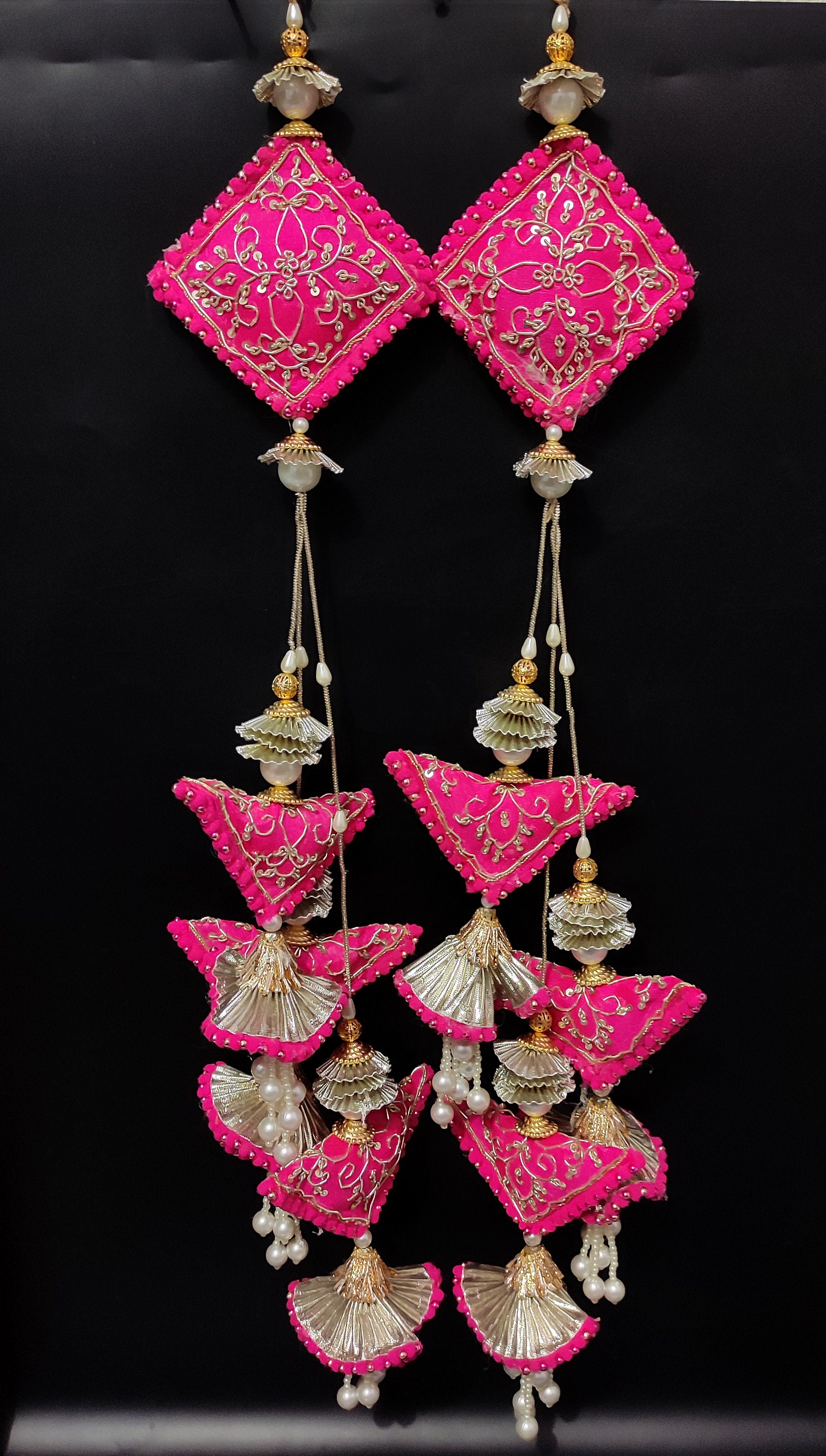 Fuchsia Pink Zardosi Embroidered Tassels: Couture Bridal Lehenga Latkan