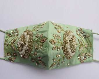 Pistachio Silk Face Mask | Zardosi Beaded Indian Wedding Mask