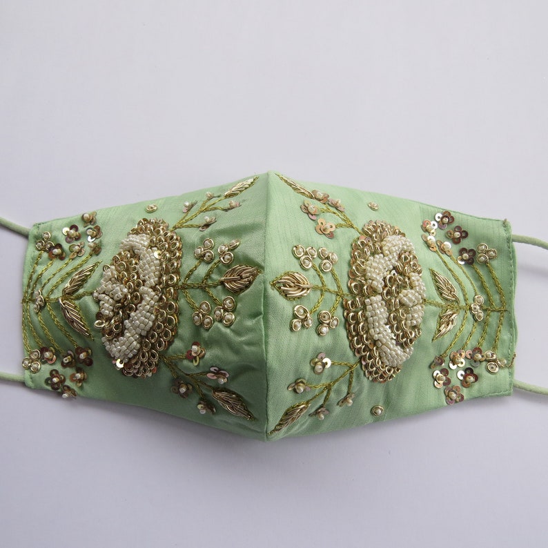 pistachio green silk fabric golden zardosi motif beaded indian embroidered wedding face mask indian wedding bridesmaid's face mask image 1
