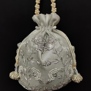 beautiful french knot sequin zardosi embroider designer inspired evening silver bag for woman | wedding drawstring bag with beaded handle
