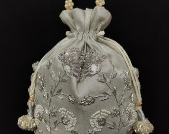 Sequin Zardosi Embroidered Silver Bag: Designer Evening Drawstring Potli