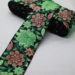 Floral Embroidered Lace Ribbon: Pistachio Green, Coffee Brown, Black - 2.6&quot; Wide