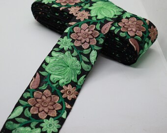 Floral Embroidered Lace Ribbon: Pistachio Green, Coffee Brown, Black - 2.6" Wide
