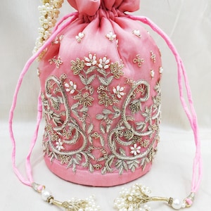 zardosi embroidered tradtional indian wedding potli bag | art deco pink evening bag | 20s designer handbag for woman