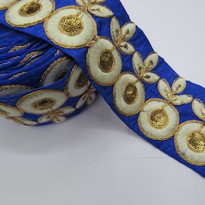 Decorative Sequin Beaded White Floral Thread Embroidered Royal Blue Silk Fabric Trim By The Yard | Decorative Fabric Border Curtain Trim