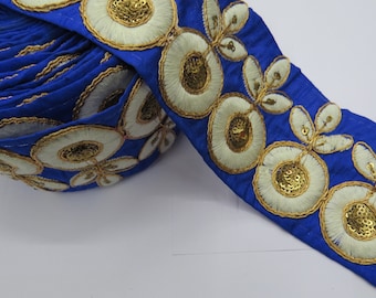 Sequin Floral Silk Fabric Trim | Embroidered Royal Blue Border