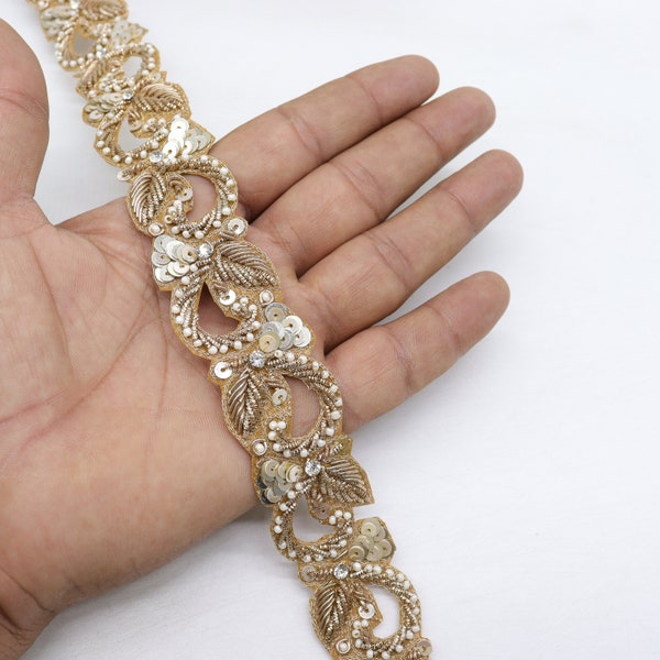 Passementerie artisanale de robe de mariée en perles zardosi de 30 mm, bordure en dentelle brodée indienne par mètre, ruban d'embellissement de chapeau de ceinture