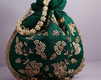 Emerald Color Fabric Golden Zardosi Embroidered Pearl Beaded Indian Women Handmade Artisian Handbag Potli Bag For Wedding Evening Parties