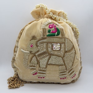 beautiful beige zardosi embroider elephant craft embellish velvet drawstring bag | indian potli bag for woman | fabric purse and handbag