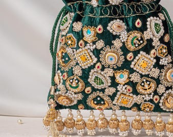 Bedel verfraaien Zardozi geborduurd met gouden kwastje hangende designer geïnspireerde portemonnee voor vrouw | Indiase bruidspotli-tas voor bruiloft