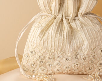 Pearl Rhinestone Bead Designer Drawstring Bag for Wedding, Indian Hand Embroidered Potli Bag Bridesmaid Handbag, Fashionable Gifting Purse