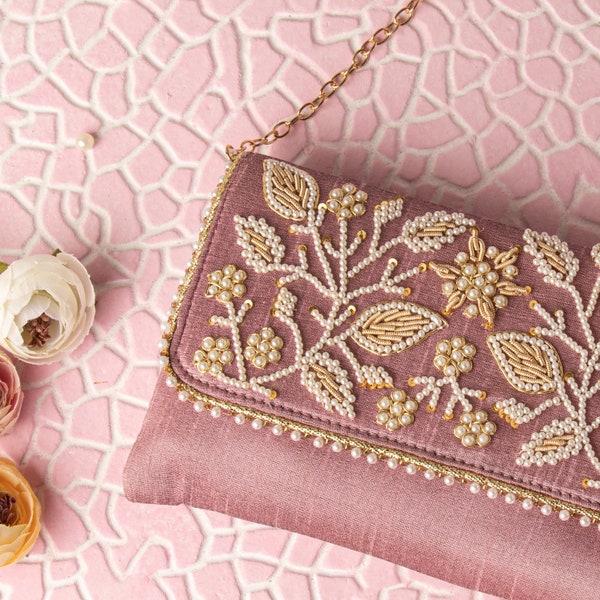 Elegant Pearl Zardozi Beaded Bridesmaid Gifting Sling Purse | Small Fabric Wallet for Special Occasion | Hand-Embroidered Unique Wallet