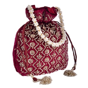 Beaded Velvet Potli Bag: Wine Burgundy Evening Handbag