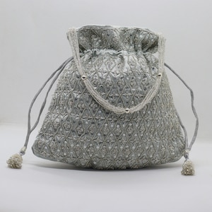 Silver Sequin Beaded Satin Drawstring Bag: Wedding Evening Purse