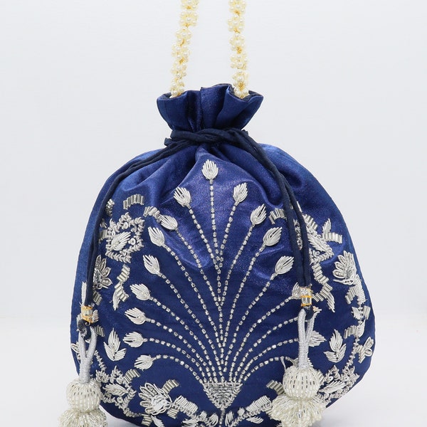 beautiful silver floral embroidered designer luxury navy blue evening drawstring handbag for woman | zardosi glass beads embellish favor bag