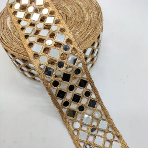 Golden Mirror Work Indian Trim: 2&quot; Wedding Dress Embellishment