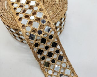 Golden Mirror Work Indian Trim: 2" Wedding Dress Embellishment