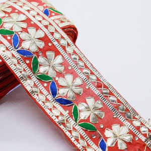 Silver Zari Embroidered Floral Lace Ribbon: Red Sari Border, Costume Trimming