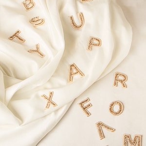 Hand Embroidered Pearl Alphabet Applique Patch: Golden Bead Embellishment