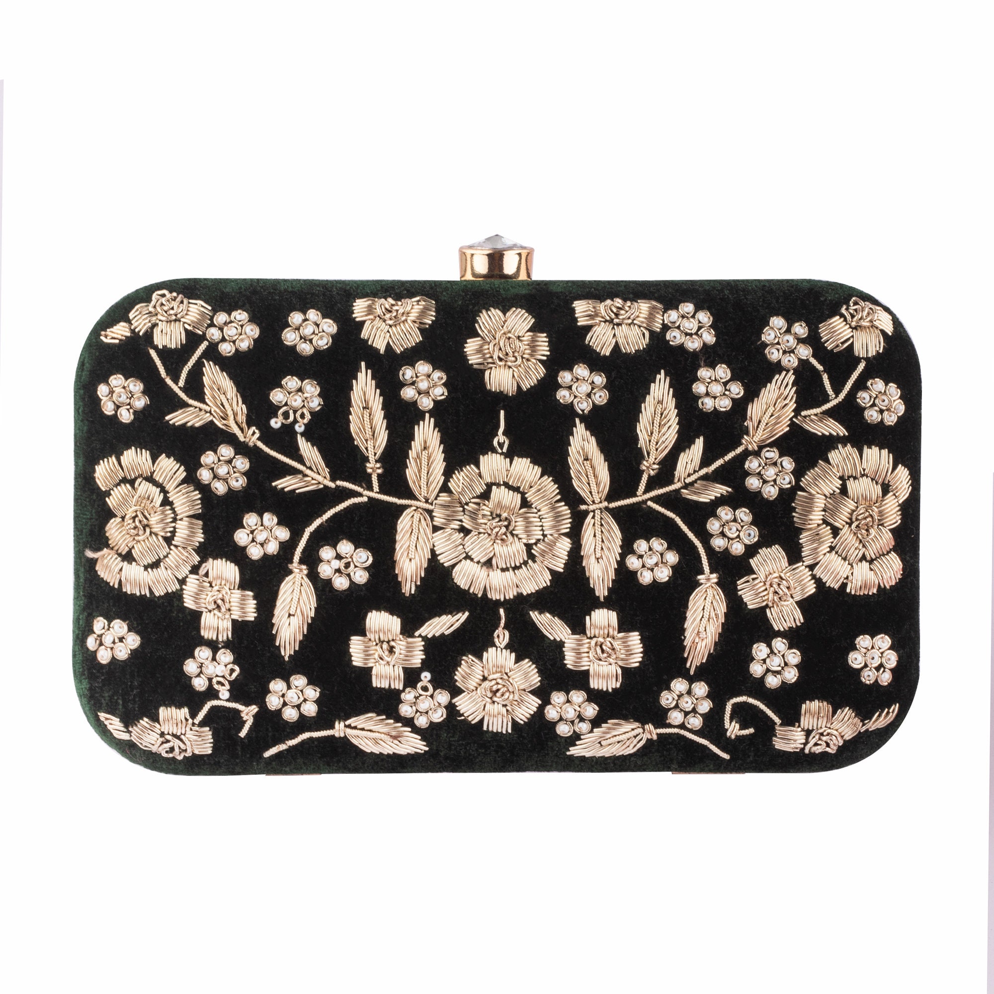 Zardozi Flower Embroidered Velvet Black Clutch: Handmade Evening