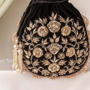 Black Velvet Potli Bag, Zardozi Katdana Sequin Embroidery Evening Bag for Wedding, Handmade Drawstring Purse, Bridesmaid Gifting Small Purse