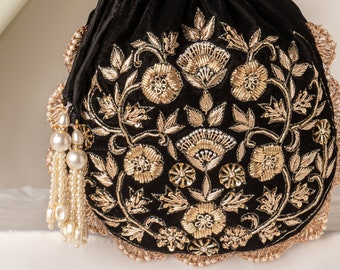 Bolso potli de terciopelo negro, bolso de noche con bordado de lentejuelas Zardozi Katdana para boda, bolso con cordón hecho a mano, bolso pequeño para regalo de dama de honor