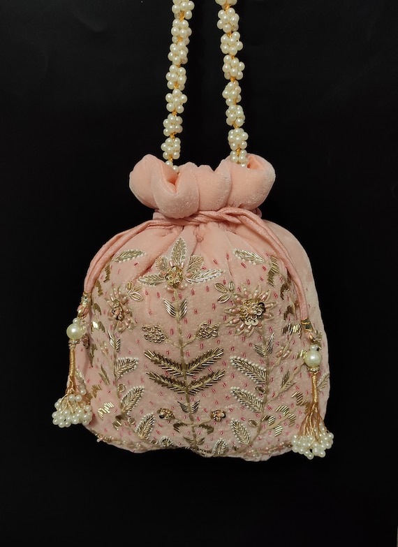 Peach Velvet Embroidered Handbag: Golden Zardosi Pearl Drawstring Bag