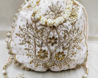 Peach Silk Potli Bag | Golden Zardosi Embroidered Handbag