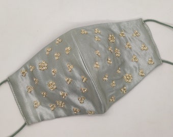 soft satin silk pearl beaded embellish gray face mask for woman | designer indian evening embriodere facemask | face mask for bridal party