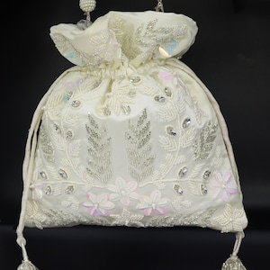 Beautiful art deco designer evening handbag for woman | white satin pearl bead drawstring pouch bag, bridesmaid wedding purse, potli bag