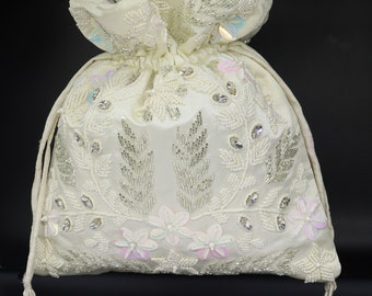 Art Deco Pearl Beaded Evening Bag: White Satin Drawstring Pouch
