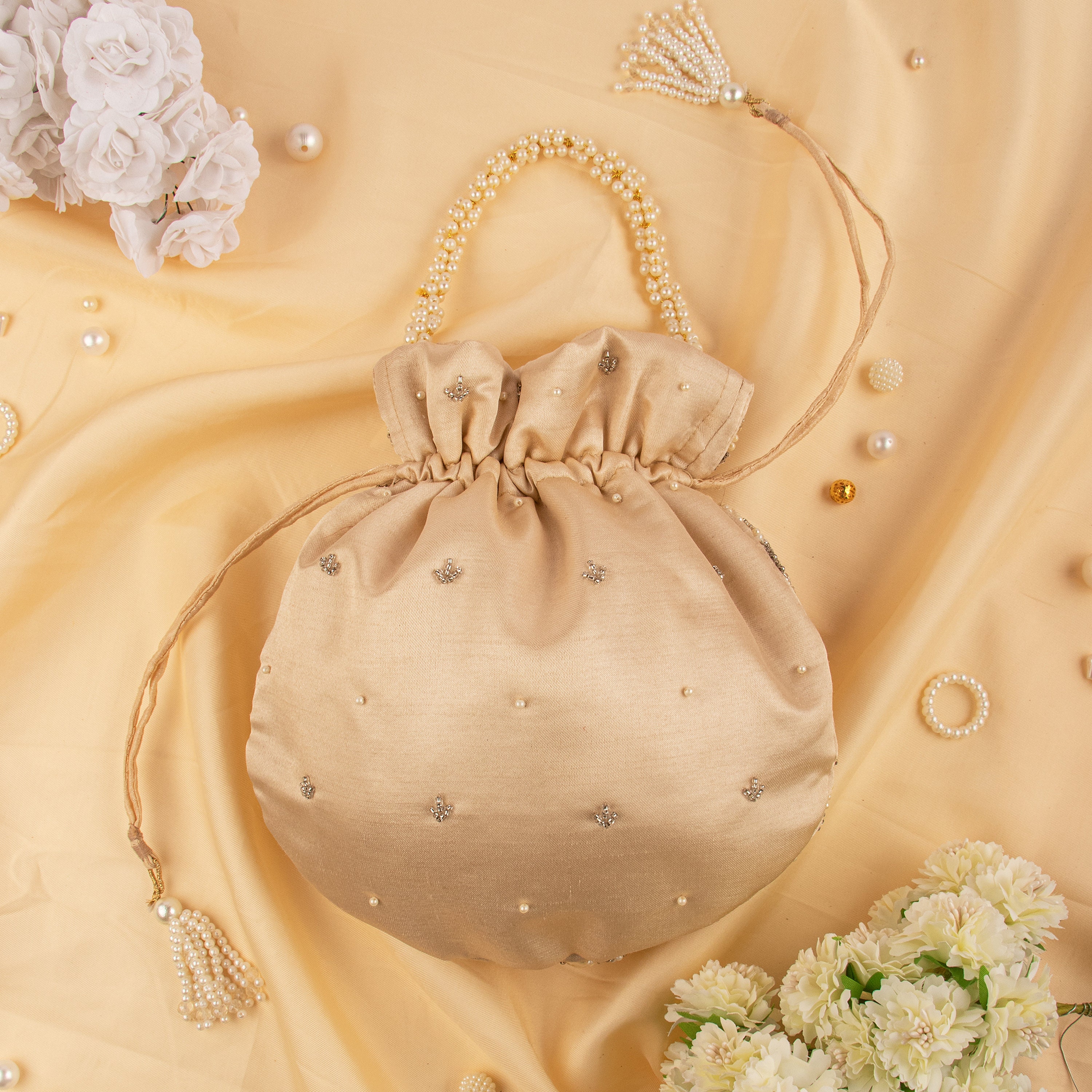 Classic Pearl Bead Embellished Women Wedding Purse Satin Silk