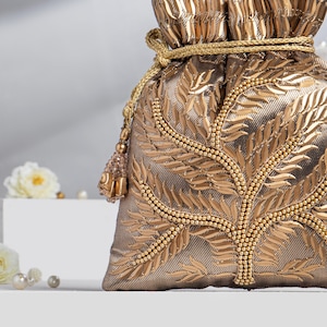 Embroidered Tissue Silk Potli Bag: Golden Indian Wedding Purse