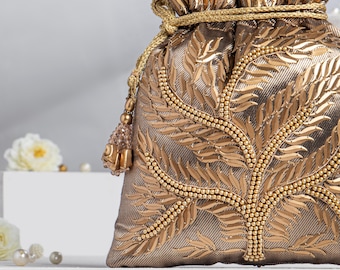 Embroidered Tissue Silk Potli Bag: Golden Indian Wedding Purse
